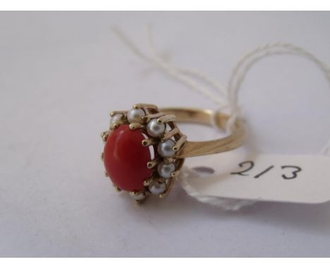 9ct pearl & coral cluster ring   approx size N        