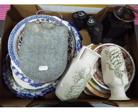 A mixed lot to include ceramics, a vintage miner's snap tin, coffee grinder and a pair of Photopia 7 X 35 binoculars.