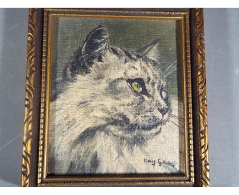 Kay Gray - A feline portrait miniature, framed, signed lower right by the artist, approximately 8 cm x 7 cm.