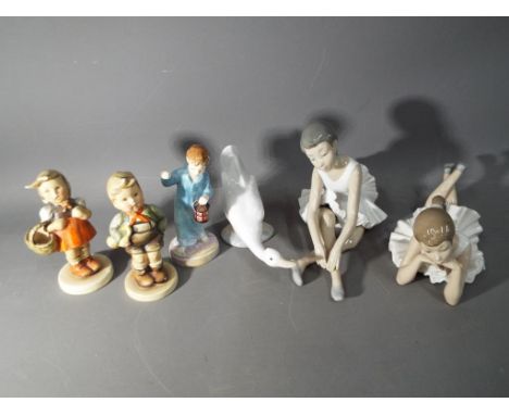 A lot to include three Nao figurines, two Hummel figurines and a Royal Doulton figurine Wee Willie Winkie HN2050. [6]