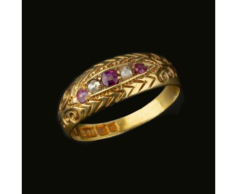 A late Victorian ruby and diamond five stone ring, the alternating rubies and rose cut diamonds in a navette shaped setting, 