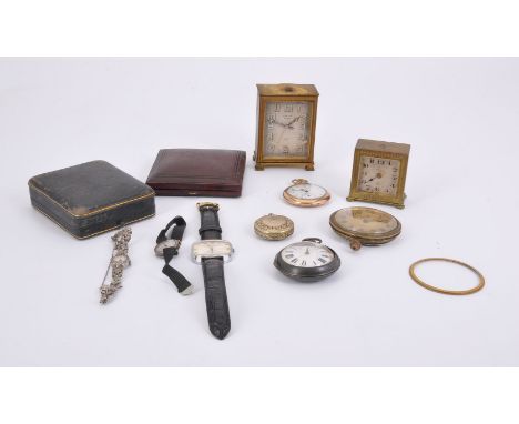 A collection of watches and clocks, to include: Zenith, a brass 8 day alarm clock, no. 8483, Zenith 8 day alarm movement, 9cm