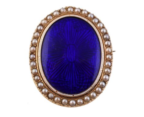 A 19th century enamel and half pearl brooch, the central oval blue guilloche enamel plaque within a border of half pearls, th