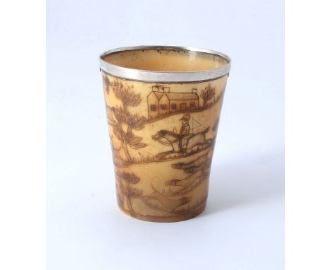 [Hunting interest] A Victorian silver collared horn beaker, the collar by William Summers, London 1889, engraved with a conti
