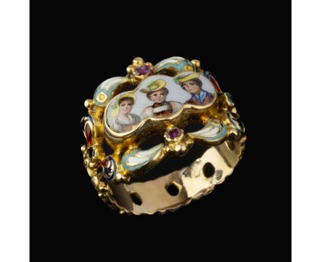 A 19th century and later enamel dress ring, the central panel later enamelled with three ladies wearing yellow and green hats