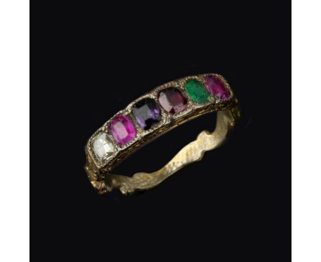 A Regard ring, set with a line of cushion cut gemstones including ruby, emerald, garnet, amethyst, ruby and diamond, closed b