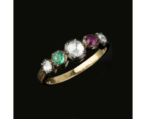 A diamond, ruby and emerald ring, the three graduated rose cut diamonds with a circular shaped ruby and emerald between, clos