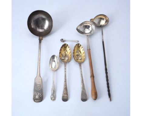 A William IV Scottish silver fiddle and shell pattern soup ladle by James McKay, Edinburgh 1833, engraved with a motto Monitu