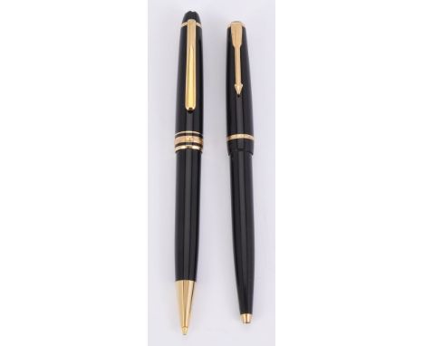 Montblanc, Mesieterstuck, a black propelling pencil, with a gilt clip and triple band; and  Parker black ball point pen, with