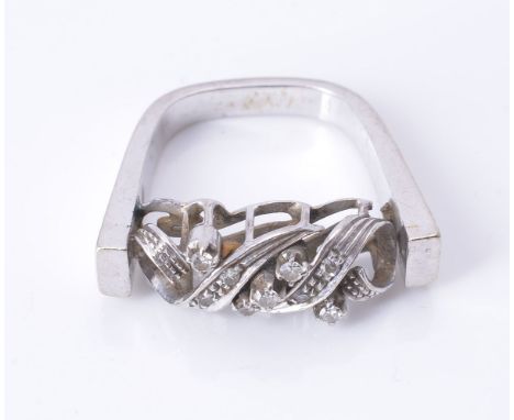 A diamond ring, the raised entwined band across the top set with single-cut diamonds, approximately 0.10 carats total, to a U