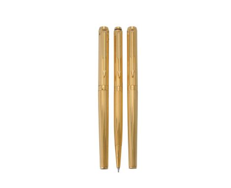 Parker, 95, a gold plated fountain pen, roller ball pen and propelling pencil, the fountain pen cap with arrow clip, aerometr