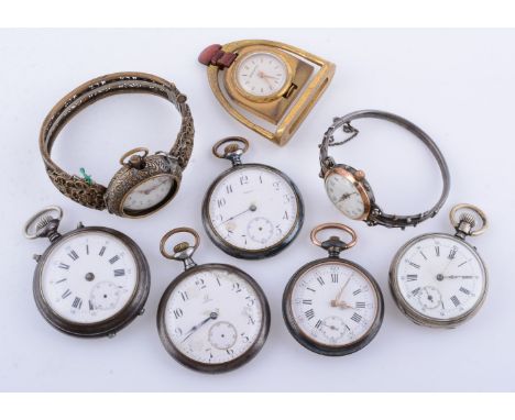 A collection of watches, to include: an Omega base metal open face keyless wind pocket watch, diameter 50mm; three other base