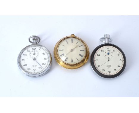 Heuer, a base metal keyless wind open face stop watch, no. 943686, four piece snap case, white dial, Arabic numerals, diamete