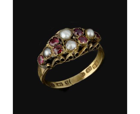 A half pearl and garnet ring, set with half pearls and square cut garnets, finger size O 1/2