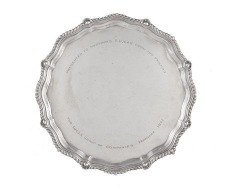 An Irish silver shaped circular salver by Royal Irish Silver Co., Dublin 1969, import marked for Sheffield 1969, sponsor's ma