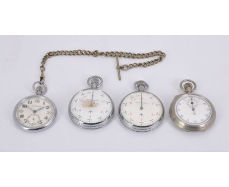 Four military watches, to include: Jaeger LeCoultre, a white metal keyless wind open face pocket watch, 6E/50 A14928, Swiss l