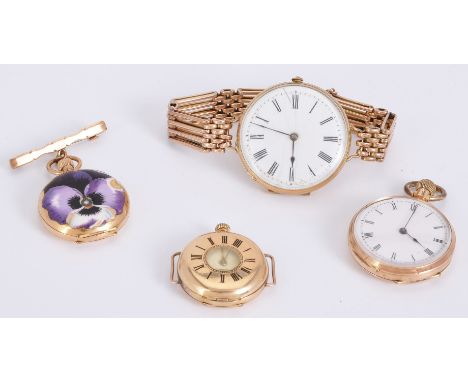 A gold coloured bracelet watch, cylinder movement, four piece hinged case, stamped K14, with metal cuvette, back cover with e