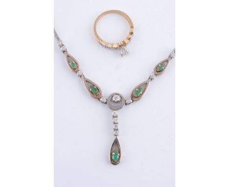 An emerald and diamond necklace, composed of round and pear shaped open links inset with brilliant cut diamonds, approximatel