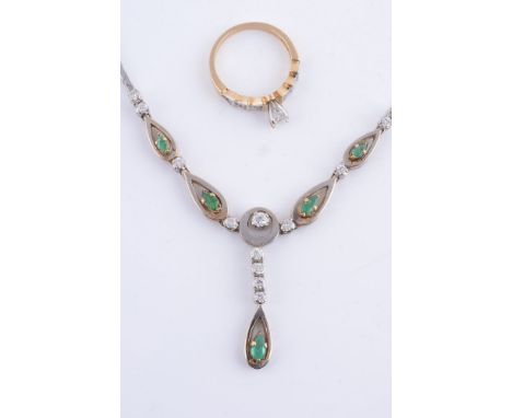 An emerald and diamond necklace, composed of round and pear shaped open links inset with brilliant cut diamonds, approximatel