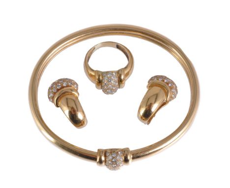 A diamond suite of jewellery, the bangle centred with a bombé panel of brilliant cut diamonds, approximately 0.45 carats tota