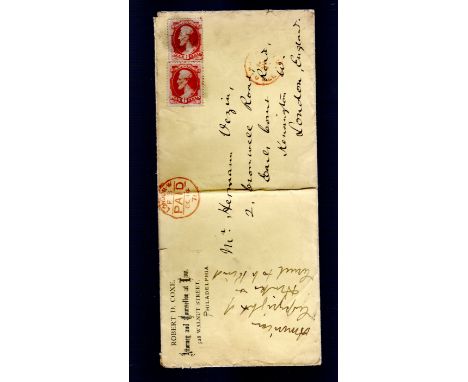 USA 1871 Commercial long envelope bearing 6c Lincoln carmine pair with indistinct cancels from Philadelphia Law firm Robert D