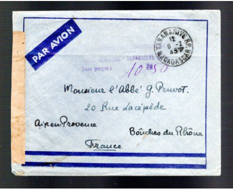   Fr  Madagascar 1945 censored aerogramme cancelled with find Tananarive cds to Aux en Provence, France, straight h/s in purp
