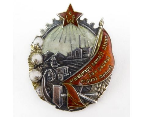 Russian / Uzbek Probably 84 Silver and Enamel Badge / Medal with Fitted Presentation Box. No silver mark. Good condition. Mea