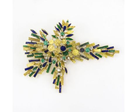 Large Retro 18 Karat Yellow Gold, Emerald, Diamond and Enamel Spray Brooch. Stamped 18KT. Very good vintage condition. Measur