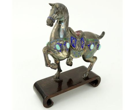 Chinese Sterling Silver Enamel and Turquoise Inlaid Tang Style Horse Mounted on Wooden Base. Stamped. Rubbing, needs cleaning