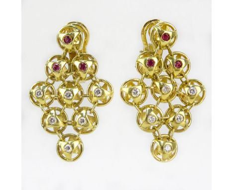 Contemporary Approx. .60 Carat Diamond, Ruby and 18 Karat Yellow Gold Chandelier Earrings. Stamped, possibly maker's mark or 