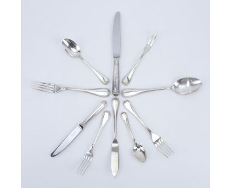 Sixty (60) Pieces Christofle Silver Plate Flatware. Includes 6 each: forks 8-1/8", Knives 9-5/8", salad forks, fruit forks, f