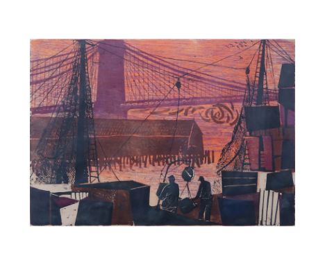Antonio Frasconi, Argentine (b. 1919) Original color woodcut "'Fulton Street Fish Market". Titled, signed, annotated 'artist'