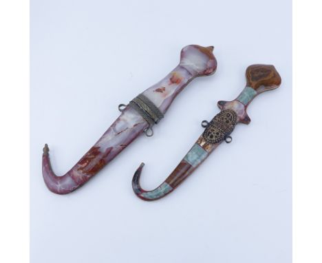 Two (2) Early to Mid 20th C. Agate Inlaid Jambiya Daggers. Normal inclusions to both, a few chips to one dagger. Largest meas