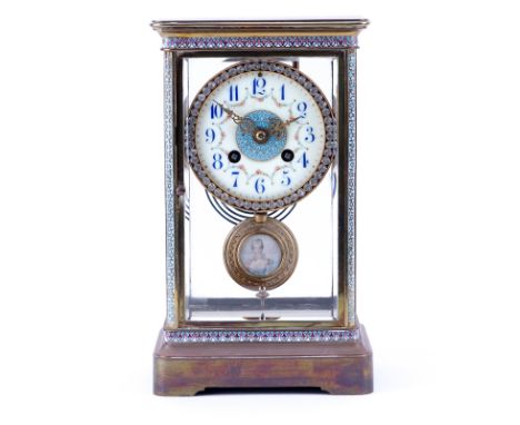 Antique French Champlevé Regulator Clock With Hand Painted Porcelain Dial and Jeweled Bezel. The pendulum with hand painted p