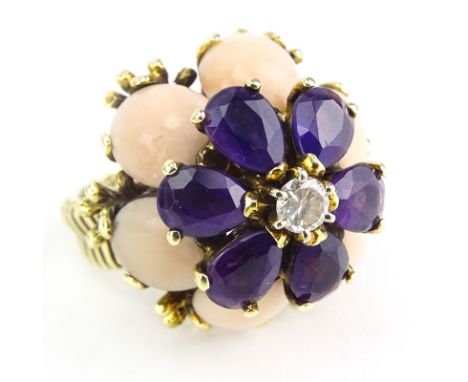 Vintage Approx. 1.68 Carat Pear Shape Amethyst, Angelskin Coral, .25 Carat Round Brilliant Cut Diamond and 14 Karat Yellow Go