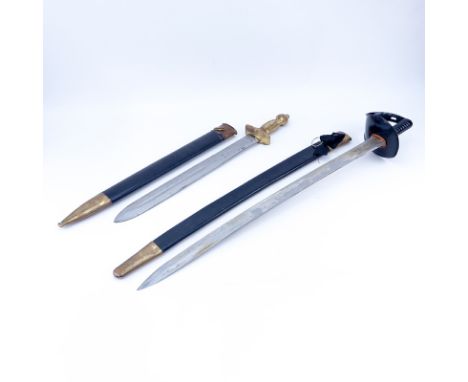 Two (2) Military School Style Swords. One by Richmond Arsenal. Patina to blades, rubbing to handle. Largest measures 36" Long