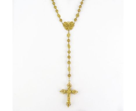 Vintage 10 Karat Filigree Yellow Gold Rosary / Necklace with 18 Karat Filigree Yellow Gold Cross Pendant. Unsigned. Very good