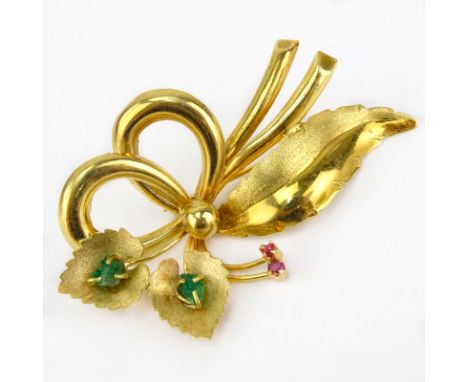 Vintage 18 Karat Yellow Gold, Emerald and Ruby Spray Brooch. Signed (illegible). Good condition. Measures 2-5/8" x 1-1/2". Ap