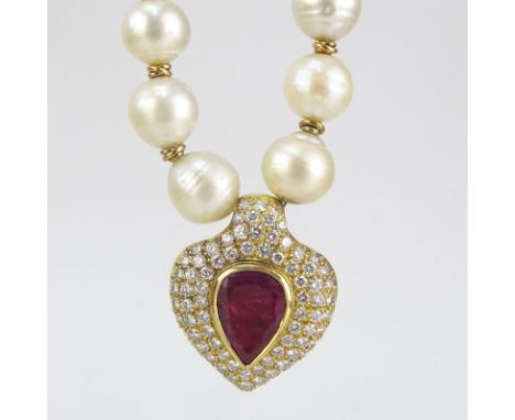 Vintage Large Pear Shape Burma Ruby, Approx. 8.0-8.5 Carat Round Brilliant Cut Diamond, Baroque Pearl and 18 Karat Yellow Gol