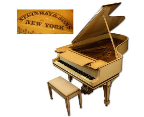 1911 Steinway & Sons Grand Piano Model B #145933 with Bench. Case has stress lines to wood, scuffs and scratches, discolorati