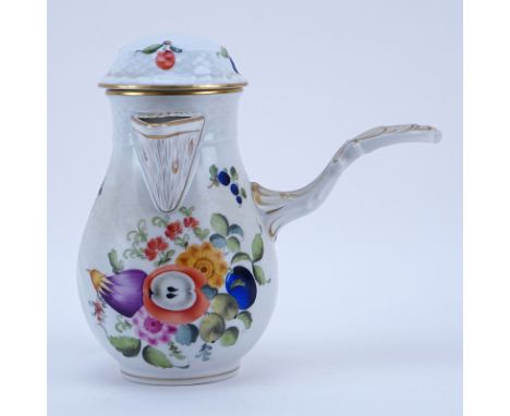 Herend Porcelain Fruits and Flowers Chocolate Pot. Signed. No finial or in good condition. Measures 8" H. Shipping $62.00 (es