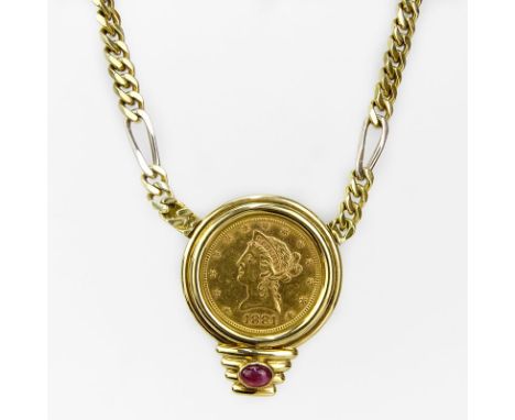 US 1881 $10 Liberty Head Gold Coin Pendant Necklace with 18 Karat Yellow Gold Bezel and Chain and with Cabochon Ruby Accent. 