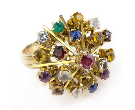 Vintage Multi Gemstone and 18 Karat Yellow Gold Starburst Ring. Unsigned. Good vintage condition. Ring size 5-1/2. Approx. we