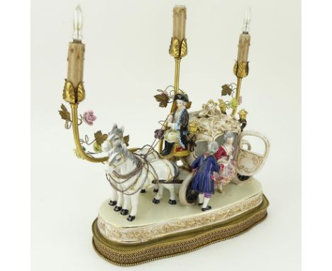 Vintage Dresden Porcelain Horse Drawn Carriage Group Now As A Lamp. No visible signature. Good condition. Measures 15" H x 14