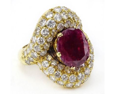 Vintage Large Oval Cut Burma Ruby, Approx. 4.0 Carat Round Brilliant Cut Diamond and 18 Karat Yellow Gold Ring. Ruby measures