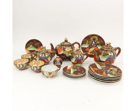 Twenty-One (21) Piece Vintage Japanese Brown Dragonware Moriage assembled Tea Set. Includes: Tea pot 7" H (Hairline on bottom