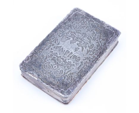 19th Century German Silver Chased Snuff Box. Stamped Hanau marks on underside. Vermeil interior. Good condition. Measures 3-1