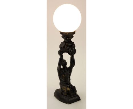 La Belle Specialty Co. Art Deco White Metal Lamp with Glass Shade. Signed verso. Rubbing to paint, possibly needs to be rewir