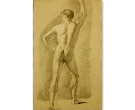 18th Century European School Charcoal With White Highlights On Paper "Male Nude Rear View" Unsigned. Creases, light smudging 