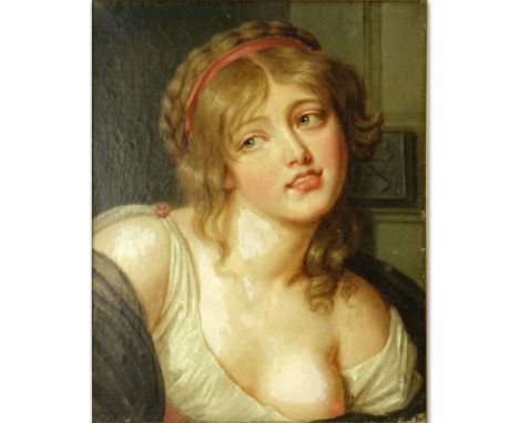 Antique Old Master Style Oil on Canvas Portrait of a Semi Nude Woman. Unsigned. Craquelure, fading. Canvas measures 16" H x 1
